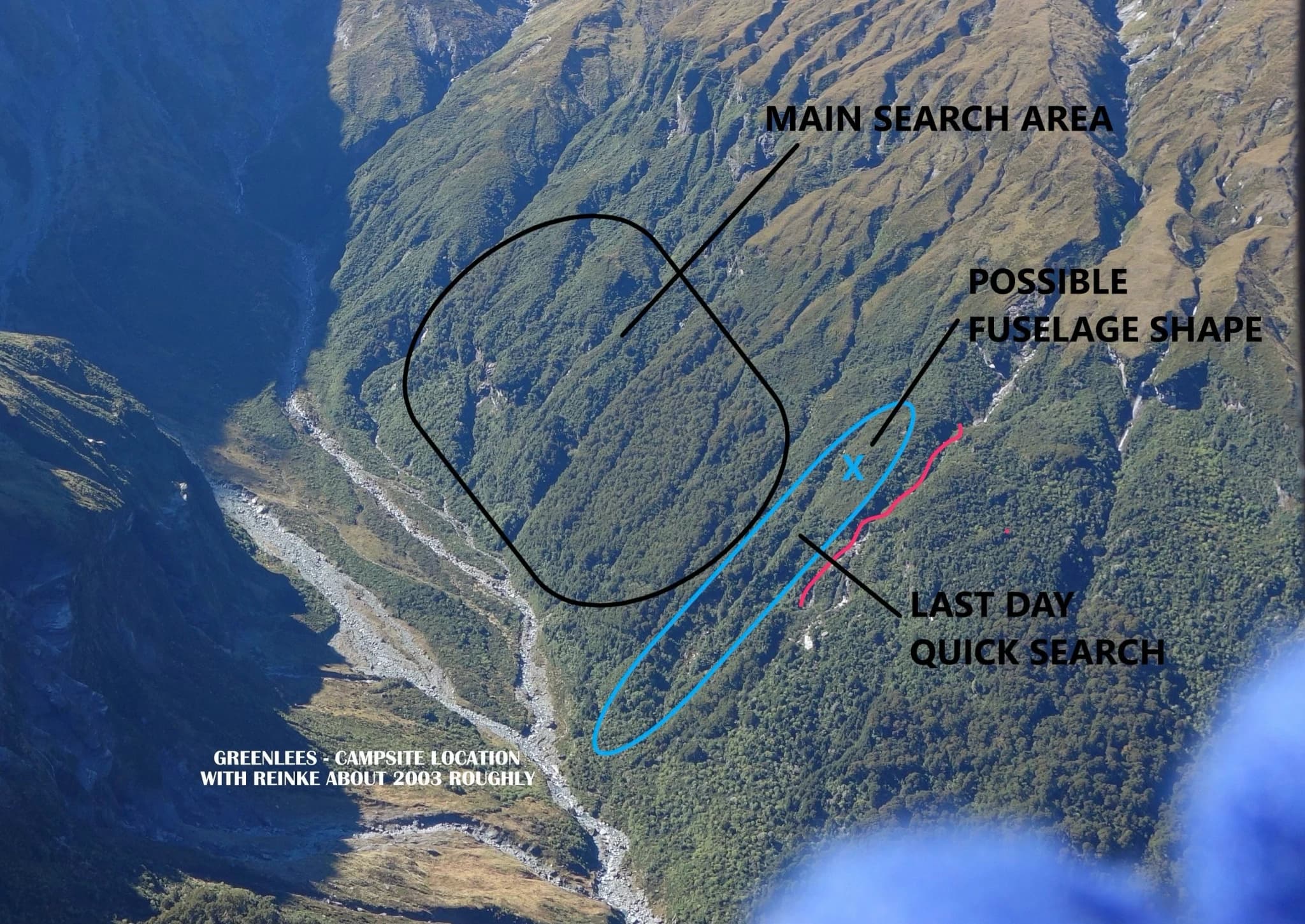 Marked aerial photo showing main search area, possible fuselage shape, and last day quick search.