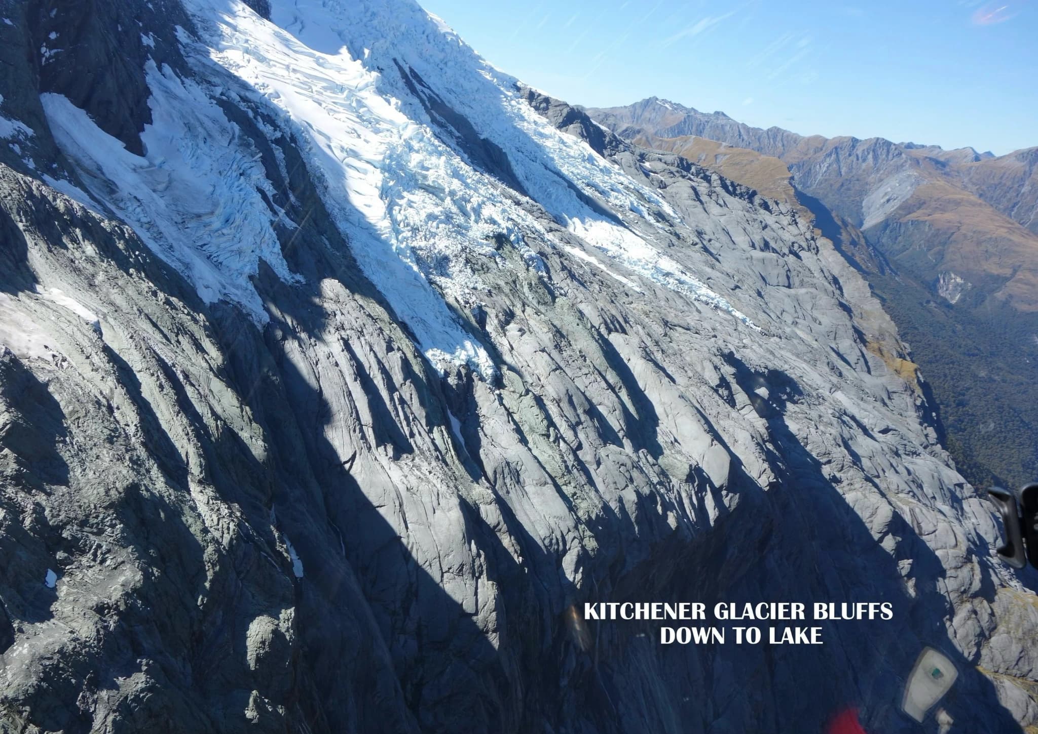 Kitchener Glacier and bluffs down to the lake in 2023.