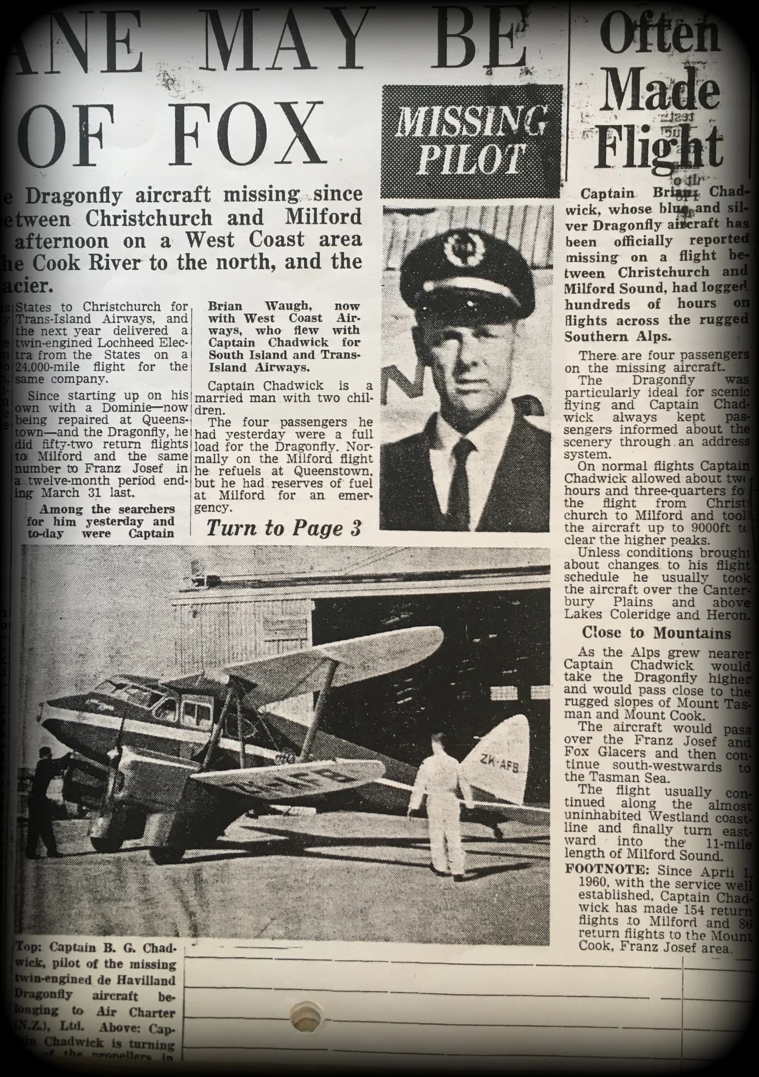 Historic newspaper coverage of the missing DH90A Dragonfly and pilot.