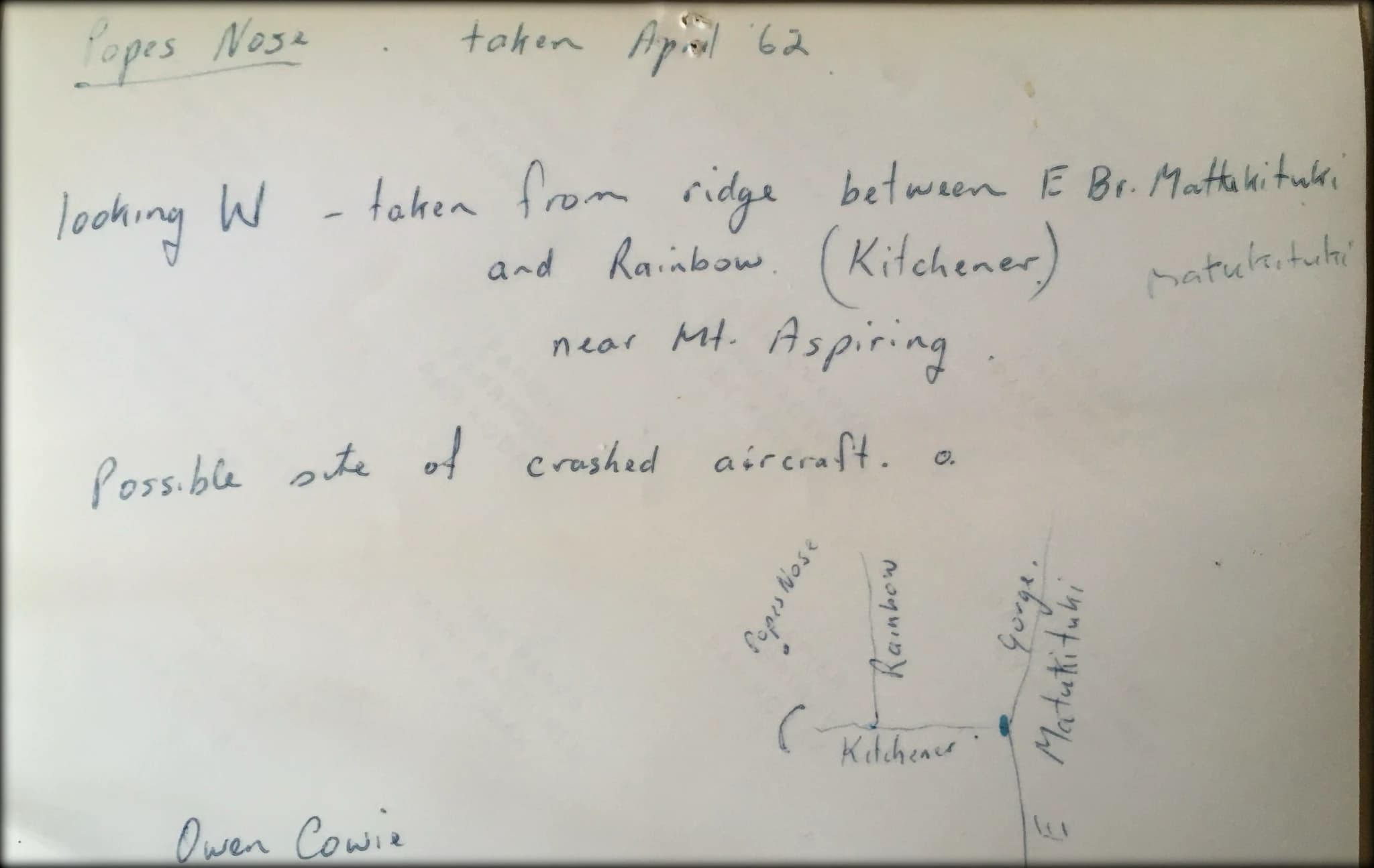 Owen Cowie's notes and sketch on the rear of his photo.
