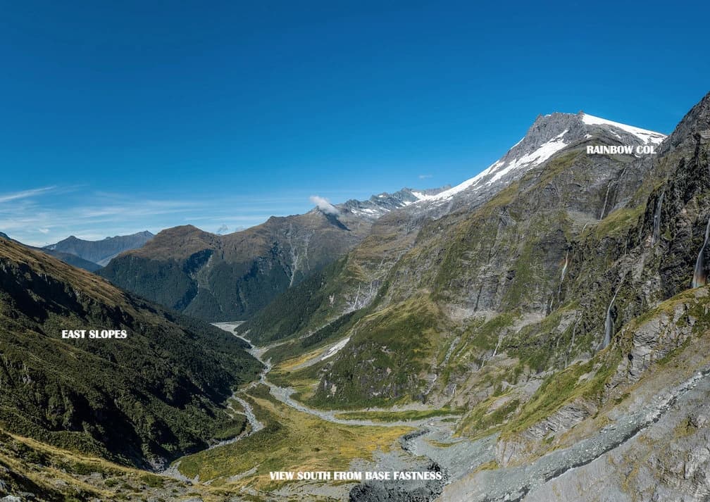 View south from base Fastness with Rainbow Col and east slopes labeled.