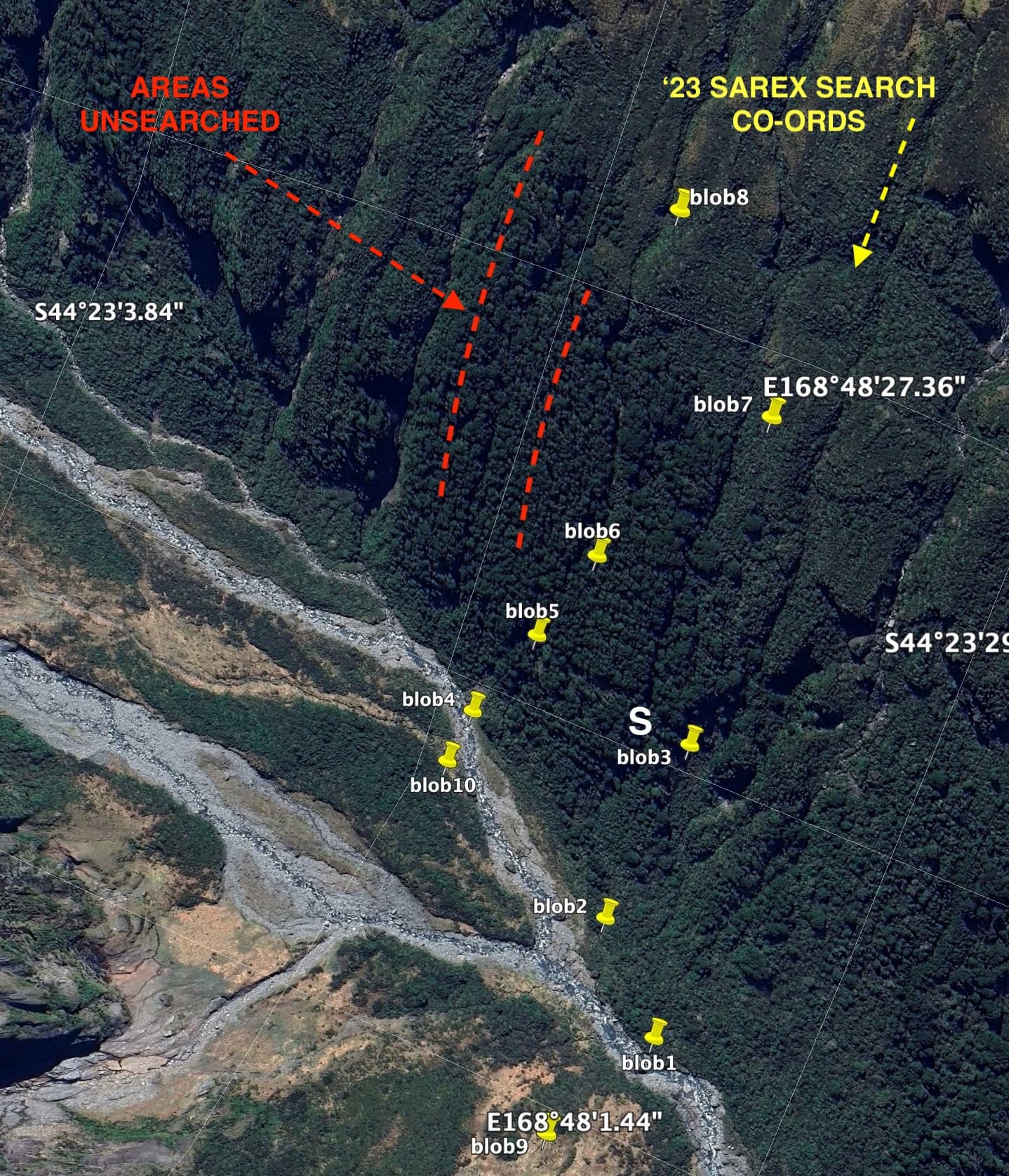 Satellite image showing areas unsearched and 2023 SAREX search coordinates.