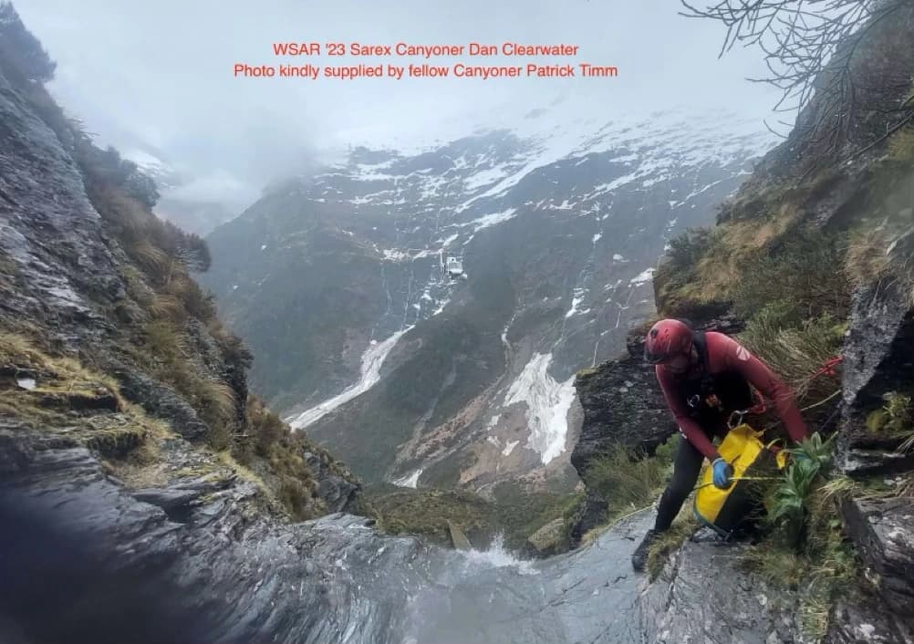 Wanaka SAR canyoneer Dan Clearwater in steep Rainbow Valley terrain.
